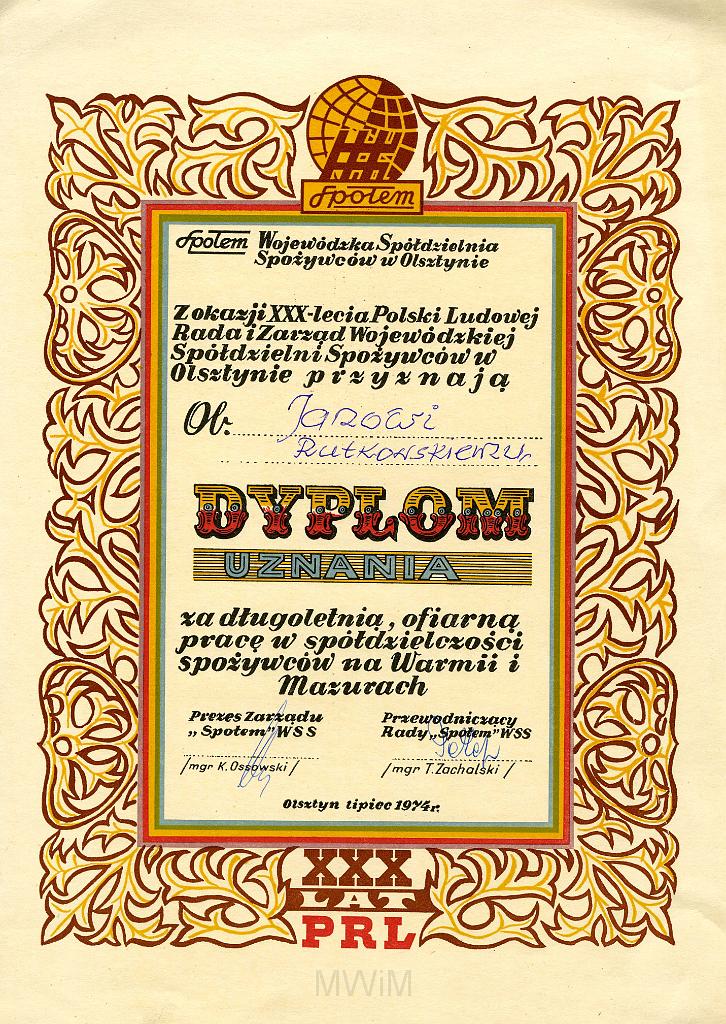 KKE 3226.jpg - Dyplom, Jana Rutkowskiego dyplom uznania , Olsztyn, 1974 r.